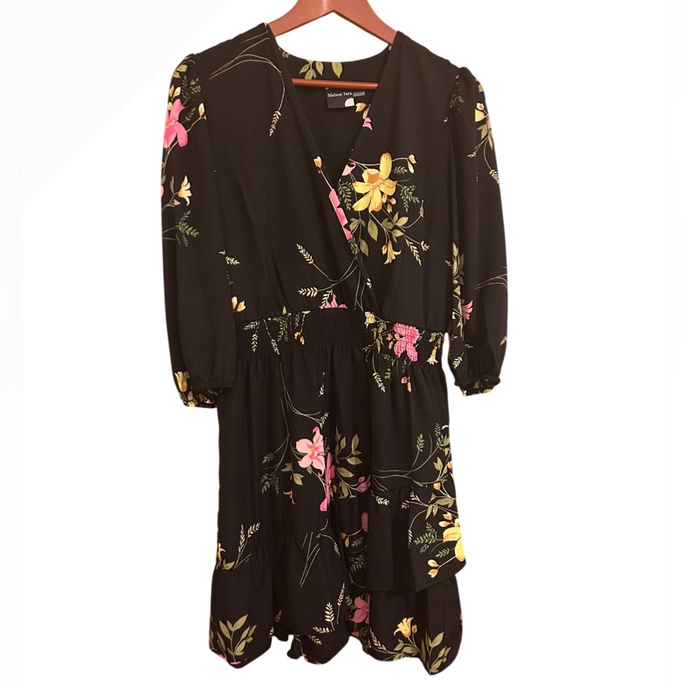 Madison Tara Floral Black V-Neck Dress - Size 12
